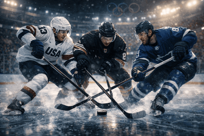 NHL Woche 15 Titelbild 3 NHL Spieler in ihren Landesfarben in einem Battle auf dem Eis