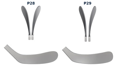SOYUZ P28 vs P29 hockey blade renderings side by side: P28 toe curve vs P29 mid curve