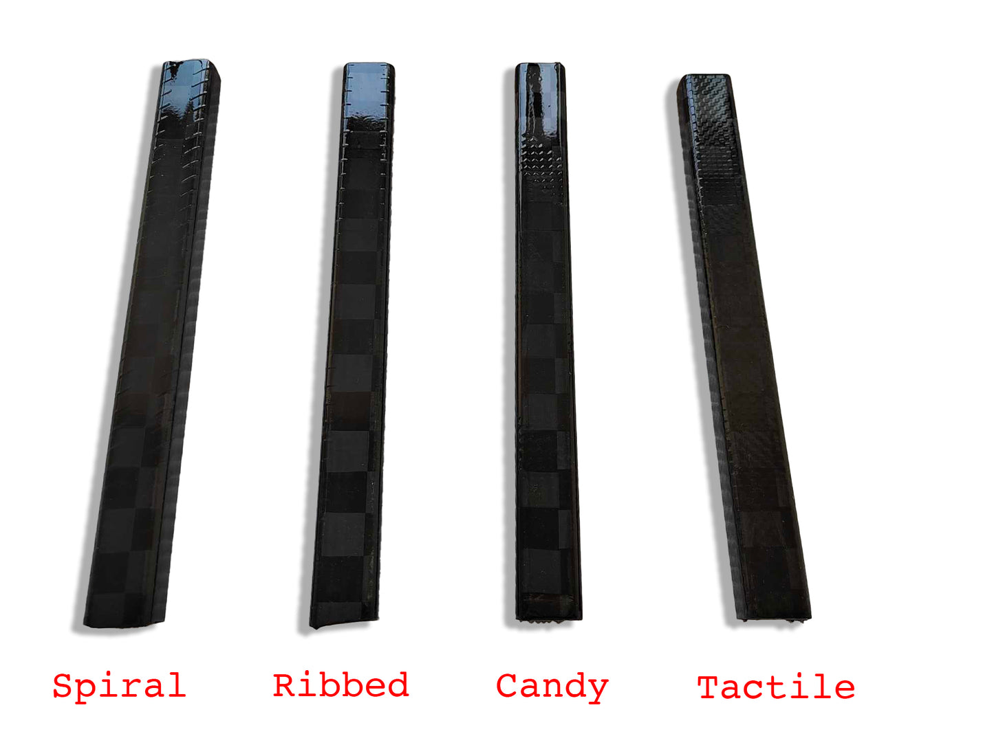 4 different 3D grip textures for ice hockey stick named tactile, candy, ribbed and spiral. Shown close up to the stick shaft.