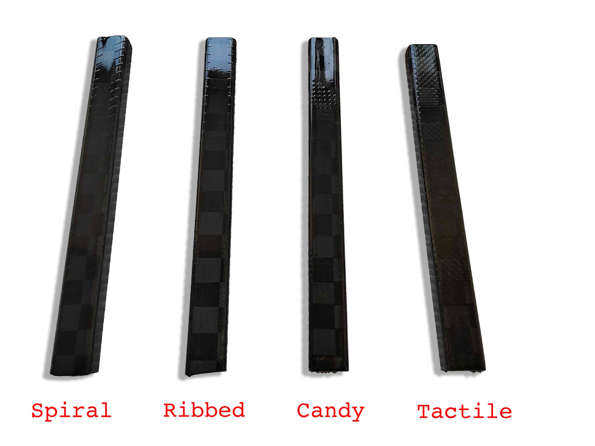 4 different 3D grip textures for ice hockey stick named tactile, candy, ribbed and spiral. Shown close up to the stick shaft.