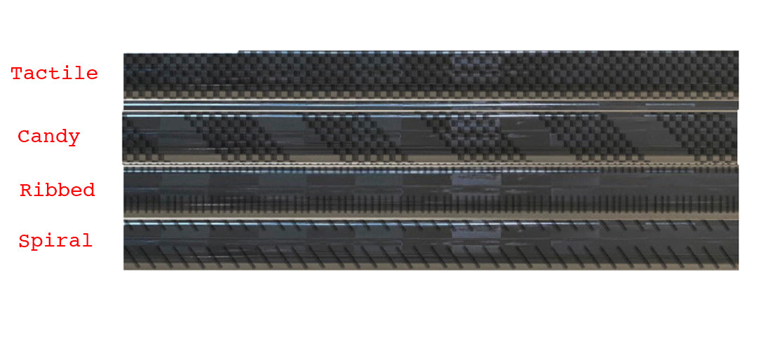 4 different 3D grip textures for ice hockey stick named tactile, candy, ribbed and spiral. Shown close up to the stick shaft.
