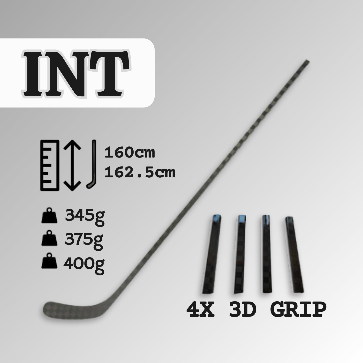 schwarzer personalisierter Eishockeyschläger INT, text im Bild: 160-162.5cm, 345g, 375g, 400g, 4x 3D Grip
