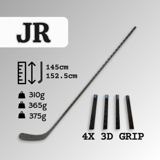 schwarzer personalisierter Eishockeyschläger JR, text im Bild: 145-152.5 cm, 310g, 365g, 375g, 4x 3D Grip