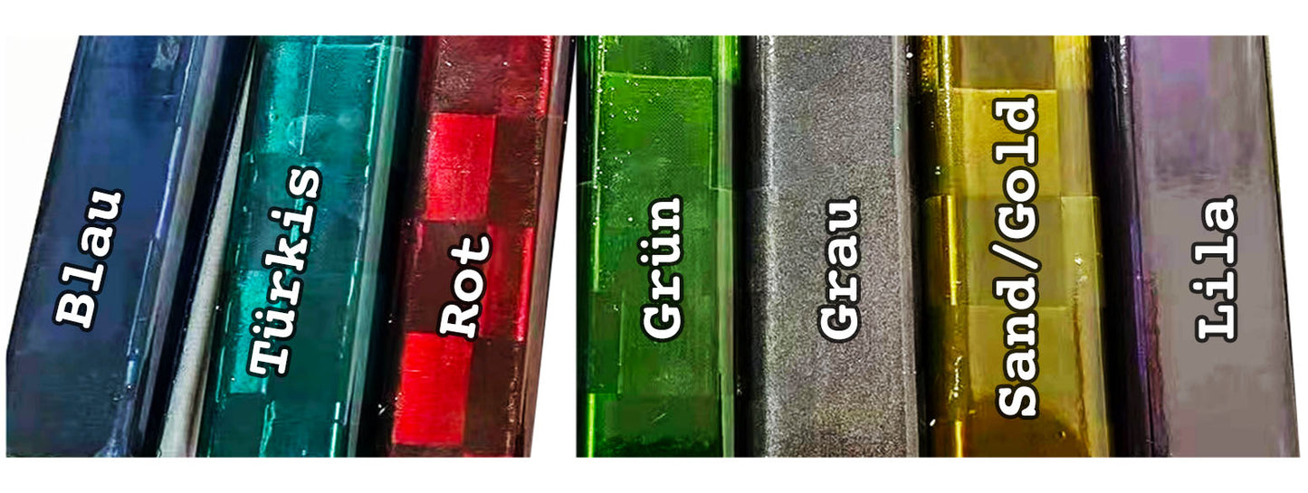 Custom Ice Hockey stick colors blue blau, turquoise türkis, red rot, green grün, grey grau, sand/gold, lila violet. All colors with text on it to show which is which. Close up picture of the colors very close to the shaft of the ice hockey stick.