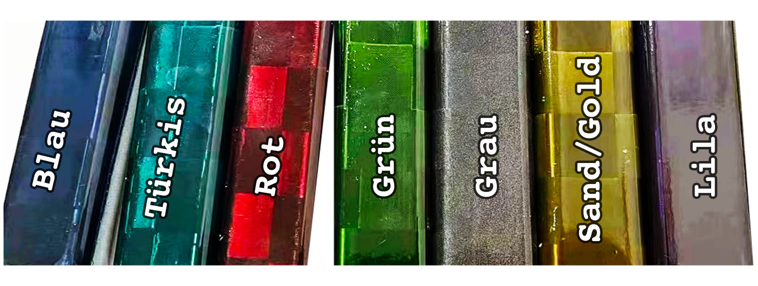 Custom Ice Hockey stick colors blue blau, turquoise türkis, red rot, green grün, grey grau, sand/gold, lila violet. All colors with text on it to show which is which. Close up picture of the colors very close to the shaft of the ice hockey stick.