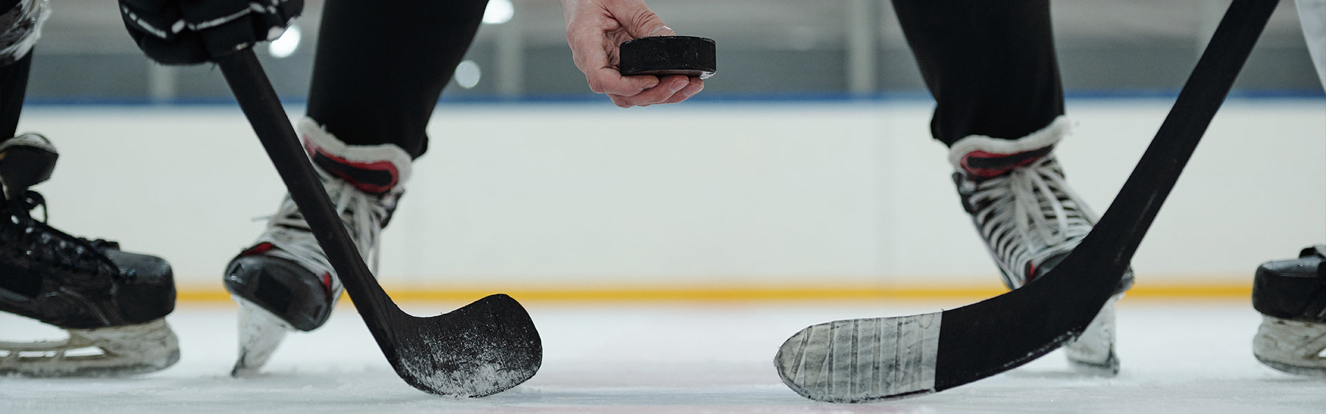 ice hockey faceoff close up, two ice hockey sticks with on taped white one taped black and four ice hockey skates visible, it's on the ice with the referees hand holding the puck