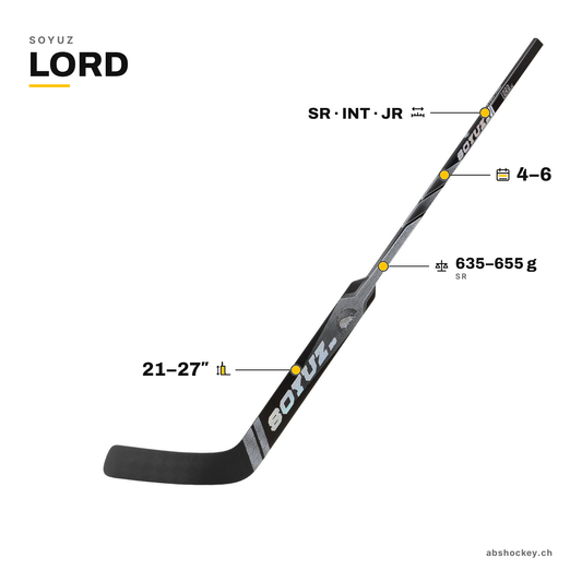 SOYUZ LORD custom goalie stick specs: paddle 21–27 inch, SR INT JR, 635–655 g, 4–6 weeks delivery