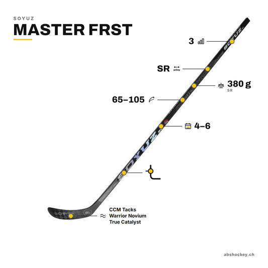 SOYUZ MASTER FRST custom hockey stick specs: mid kick, flex 65–105, SR, 380 g, 3 grip levels, 4–6 weeks delivery