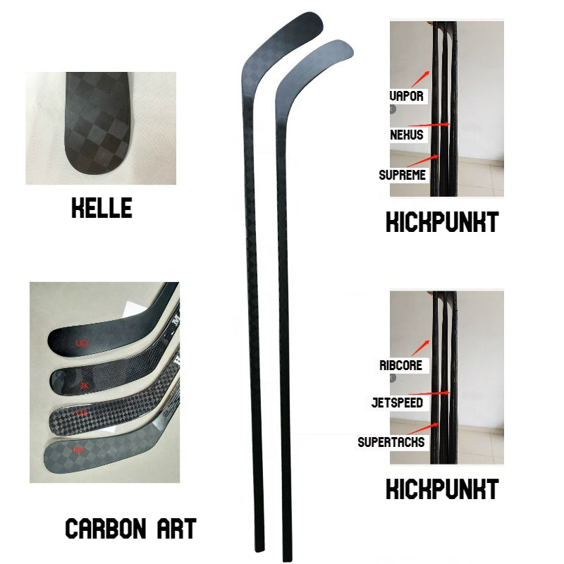 Personalisierter Hockeyschläger, Eishockeyschläger schwarz ohne logo mit 4 kleinen Bildern die verschiedenen Kickpunkte gezeigt supreme, vapor, nexus und kelle mit carbon muster, carbon art 3K, 12K, 18K, 24K. Kickpunkte CCM Jetspeed, Ribcore, Supertacks