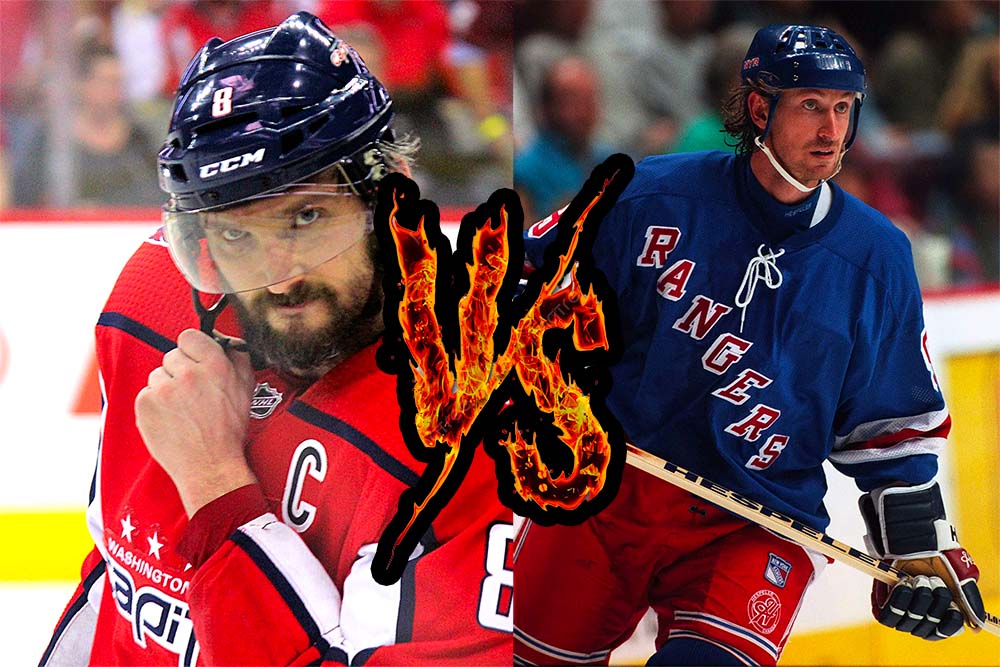 Ovechkin versus Gretzky the all time NHL Goal Record Chase. Alexander Ovechkin on the left, Wayne Gretzky on the right.