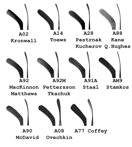 Eishockeystock Curve-Chart von ABSHockey mit den Kellen/Bögen/Bogen A02 Kronwall, A14 Toews, A28 Pastrnak, Kucherov A88 Kane, Q. Hughes, A92 MacKinnon, Matthews, A92M Pettersson, Tkachuk, A91A Staal, AM9 Stamkos, A90 McDavid, A08 Ovechkin, A77 Coffey