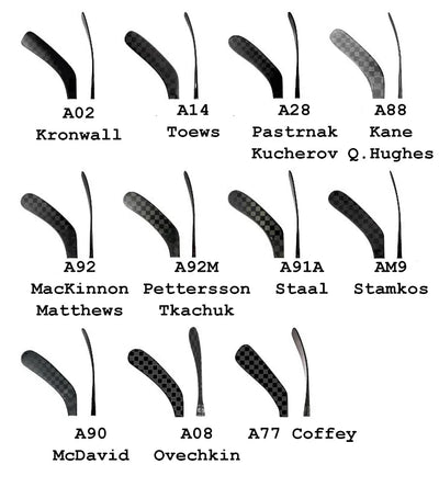 Eishockeystock Curve-Chart von ABSHockey mit den Kellen/Bögen/Bogen A02 Kronwall, A14 Toews, A28 Pastrnak, Kucherov A88 Kane, Q. Hughes, A92 MacKinnon, Matthews, A92M Pettersson, Tkachuk, A91A Staal, AM9 Stamkos, A90 McDavid, A08 Ovechkin, A77 Coffey