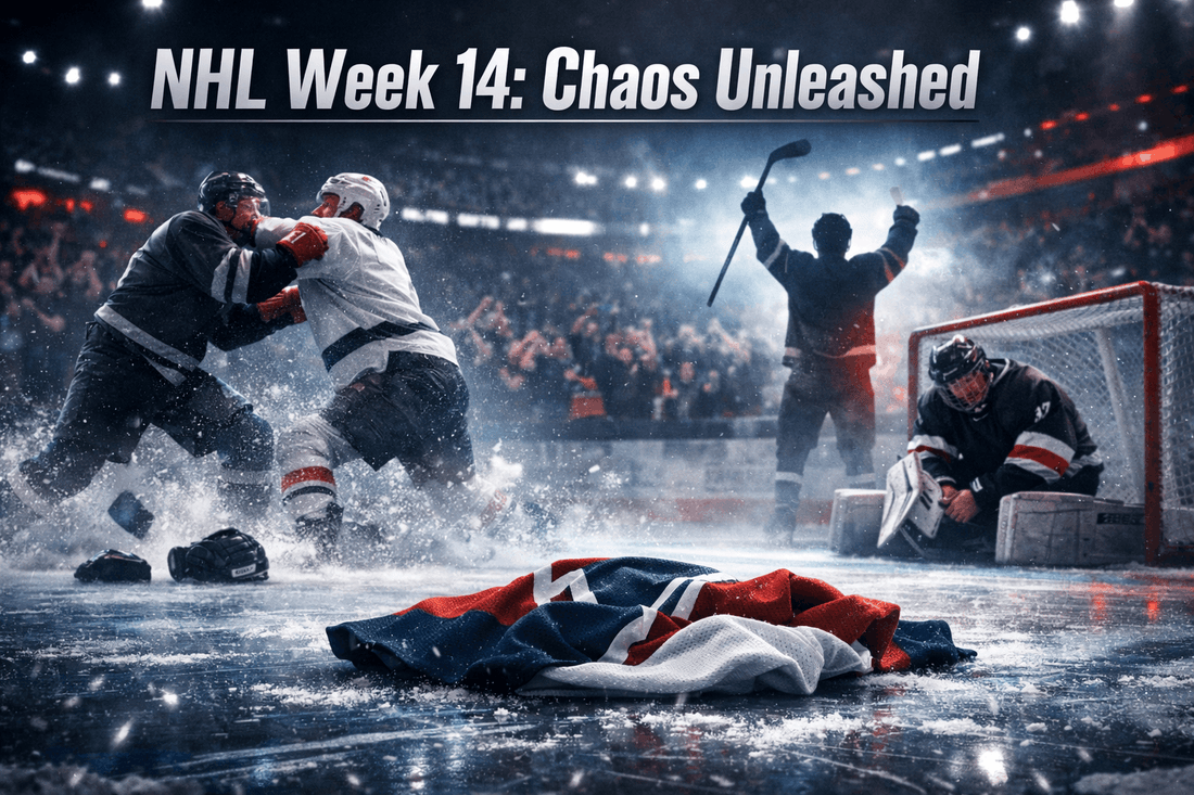 NHL Week 14 Chaos Unleashed. Hockey players fighting, goalie disappointed and crowd in the background booing in the stadion