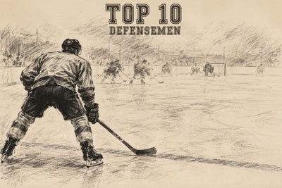 Charcoal sketch of an ice hockey defenseman at the blue line watching the play, with the headline Top 10 Defensemen – the 10 best NHL defensemen of all time
