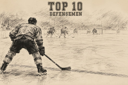 Charcoal sketch of an ice hockey defenseman at the blue line watching the play, with the headline Top 10 Defensemen – the 10 best NHL defensemen of all time