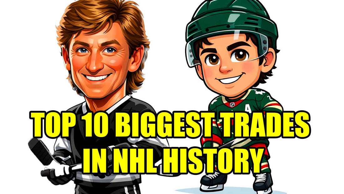biggest trades in nhl history written in yellow with quinn hughes and wayne gretzky in the background as big head characters