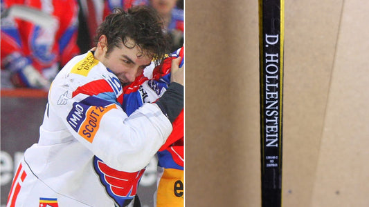 Denis Hollenstein im Kloten-Trikot neben seinem Bauer Pro-Stock-Schläger