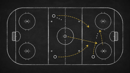 Taktiktafel-Skizze eines Eishockeyfelds mit Positionsmarkierungen für Verteidiger, Center und Flügel