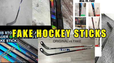 Bildcollage zum Thema gefälschte Eishockeyschläger mit Vergleichsaufnahmen echter und gefälschter Schläger