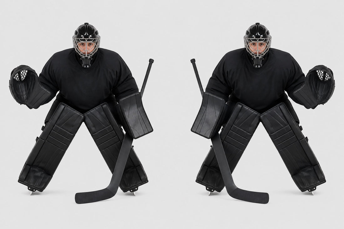 Eishockey-Torhüter in Regular und Full Right nebeneinander im Vergleich