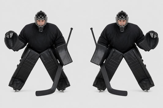Eishockey-Torhüter in Regular und Full Right nebeneinander im Vergleich