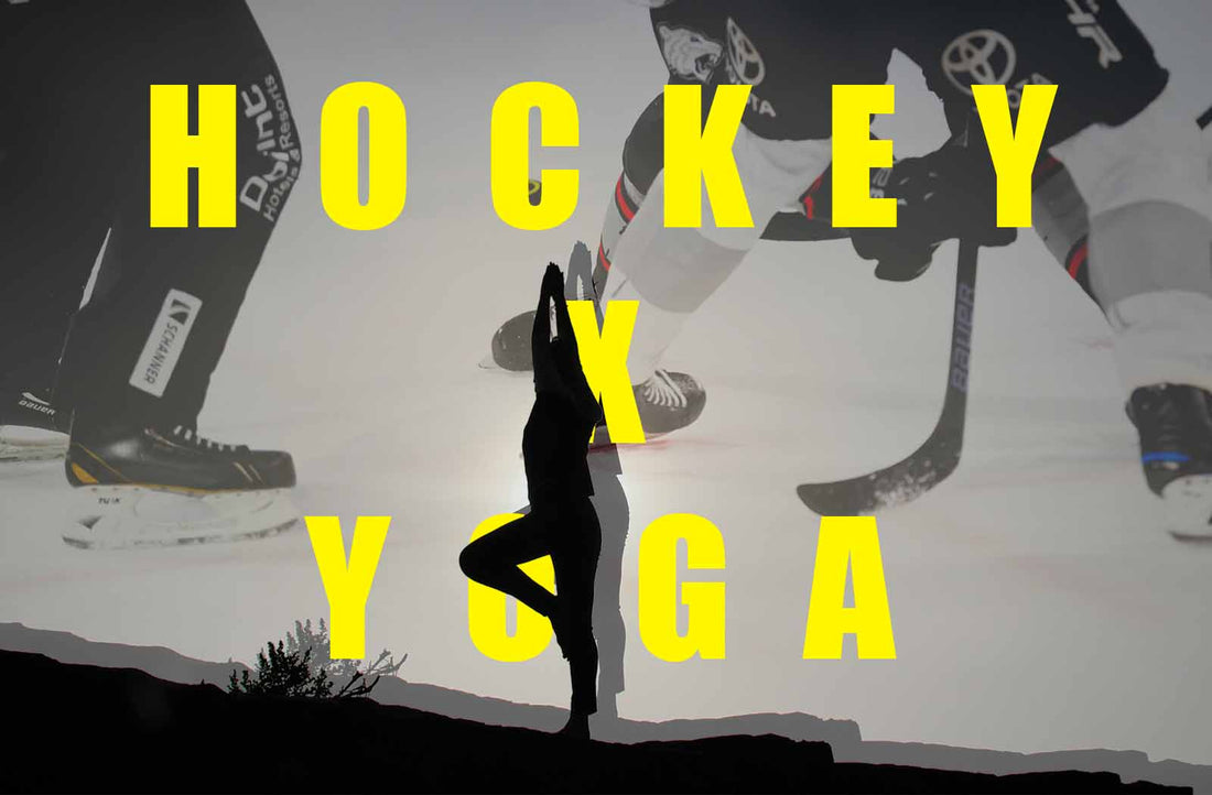 Yoga & Hockey: background 2 hockey players on faceoff in front silouhette of a girl standin in yoga pose. Yellow text: hockey x yoga