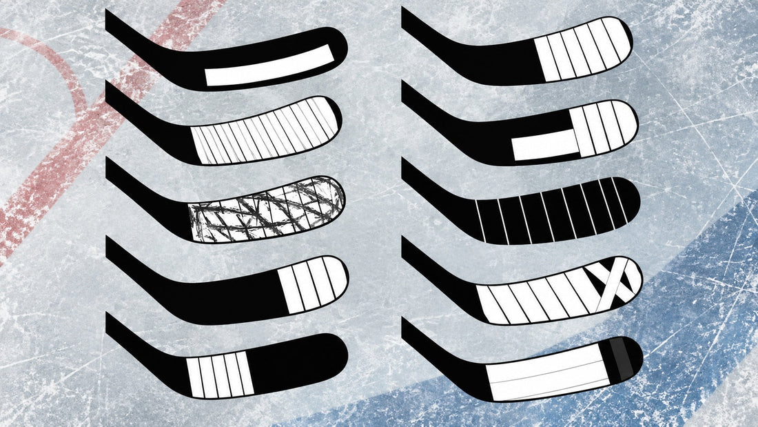 Illustration of ten different tape jobs on ice hockey stick blades on an ice rink background