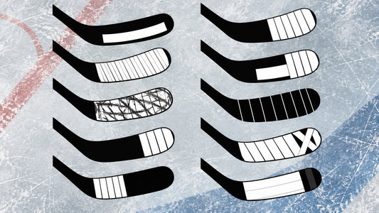 Illustration of ten different tape jobs on ice hockey stick blades on an ice rink background