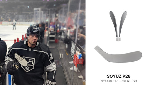 Kevin Fiala of the LA Kings in warmup with his Bauer stick next to a SOYUZ P28 hockey blade rendering
