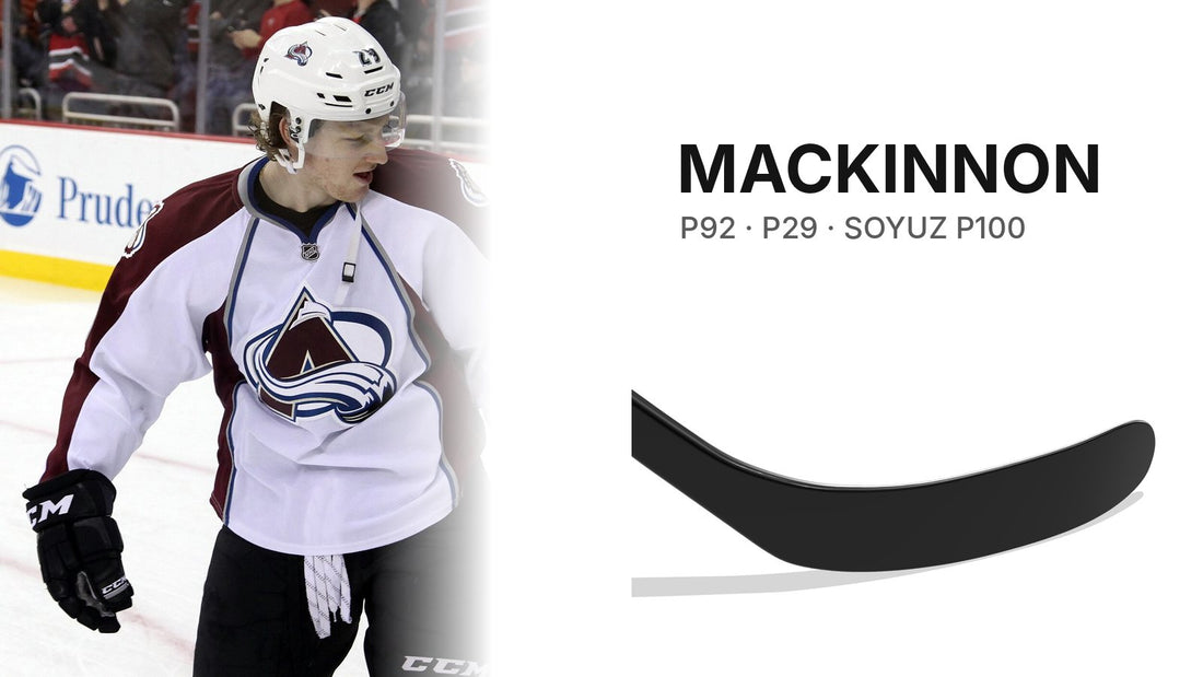 Nathan MacKinnon in a Colorado Avalanche jersey next to a SOYUZ P100 hockey blade