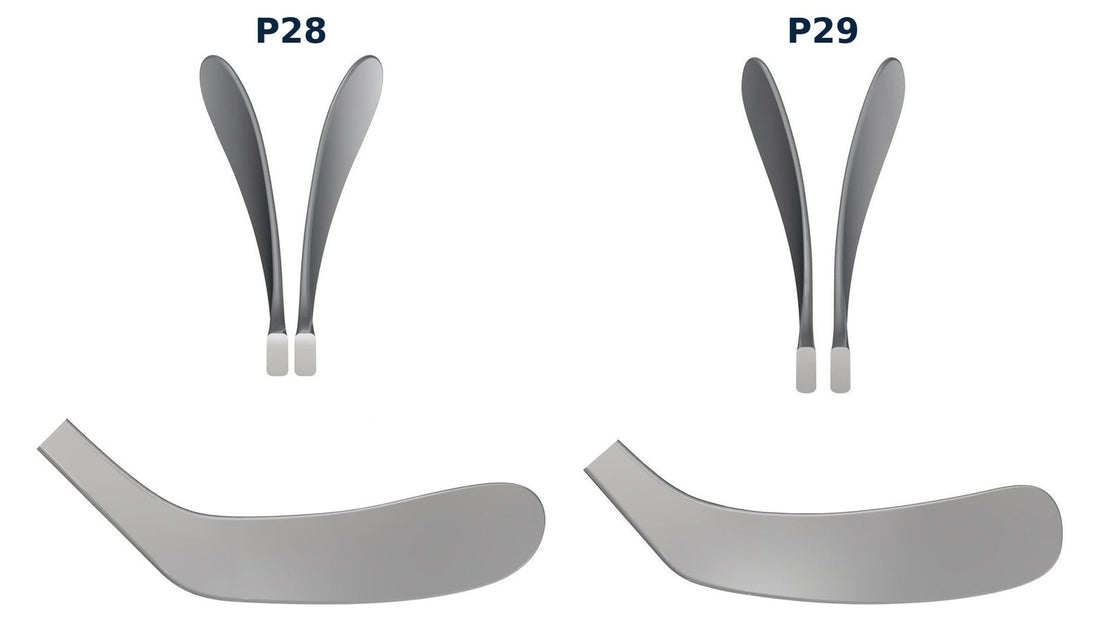 SOYUZ P28 vs P29 hockey blade renderings side by side: P28 toe curve vs P29 mid curve