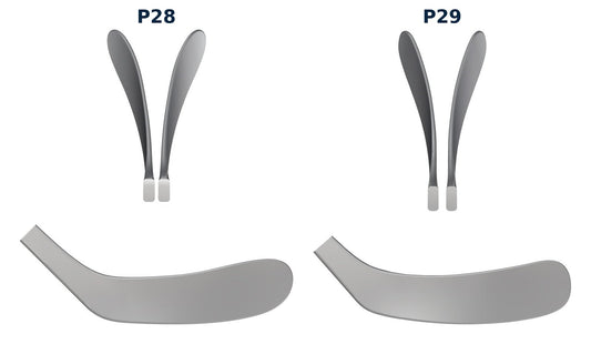 SOYUZ P28 vs P29 hockey blade renderings side by side: P28 toe curve vs P29 mid curve