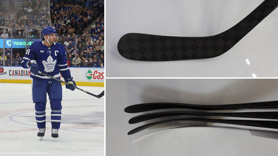John Tavares with the Toronto Maple Leafs next to photos of a P90TM hockey blade and a P28, P92, P90TM and P86 blade comparison