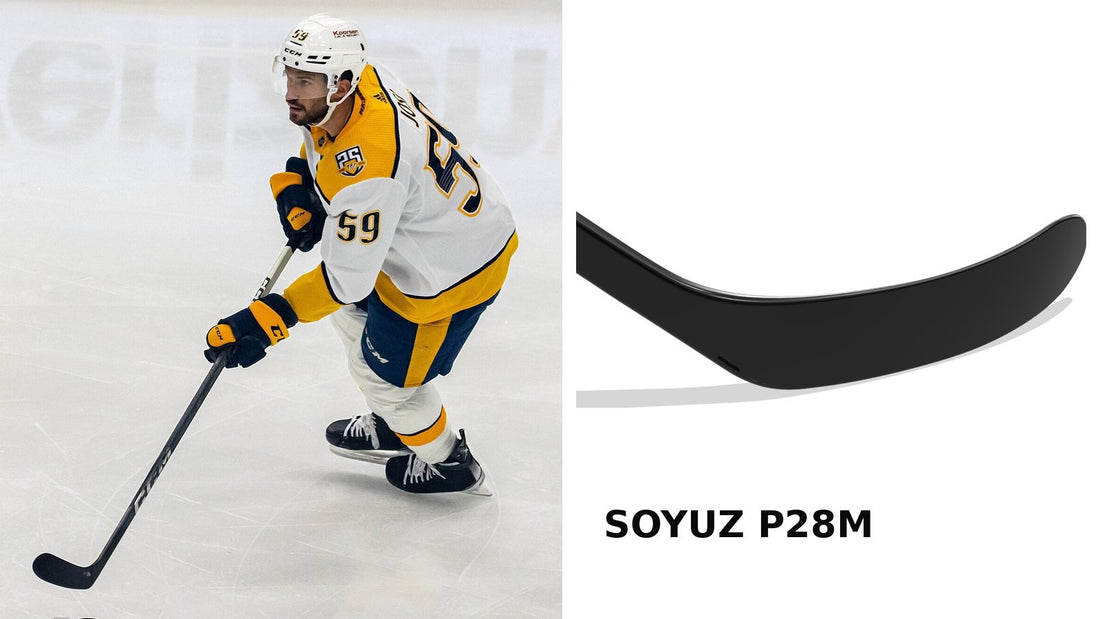 Roman Josi of the Nashville Predators with a CCM stick next to a SOYUZ P28M hockey blade