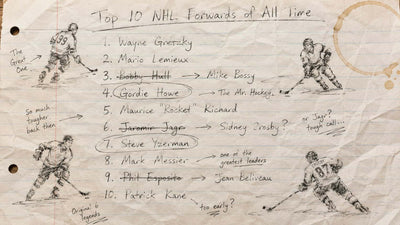 Handgezeichnete Liste "Top 10 NHL Forwards of All Time" auf zerknittertem Notizbuchpapier. Einige Namen durchgestrichen und ersetzt, andere eingekreist. Randnotizen und vier Bleistiftskizzen von Eishockeyspielern. Kaffeefleck oben rechts.