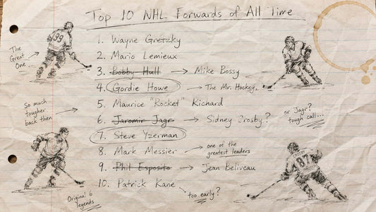 Handgezeichnete Liste "Top 10 NHL Forwards of All Time" auf zerknittertem Notizbuchpapier. Einige Namen durchgestrichen und ersetzt, andere eingekreist. Randnotizen und vier Bleistiftskizzen von Eishockeyspielern. Kaffeefleck oben rechts.