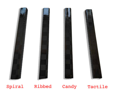 4 different 3D grip textures for ice hockey stick named tactile, candy, ribbed and spiral. Shown close up to the stick shaft. 