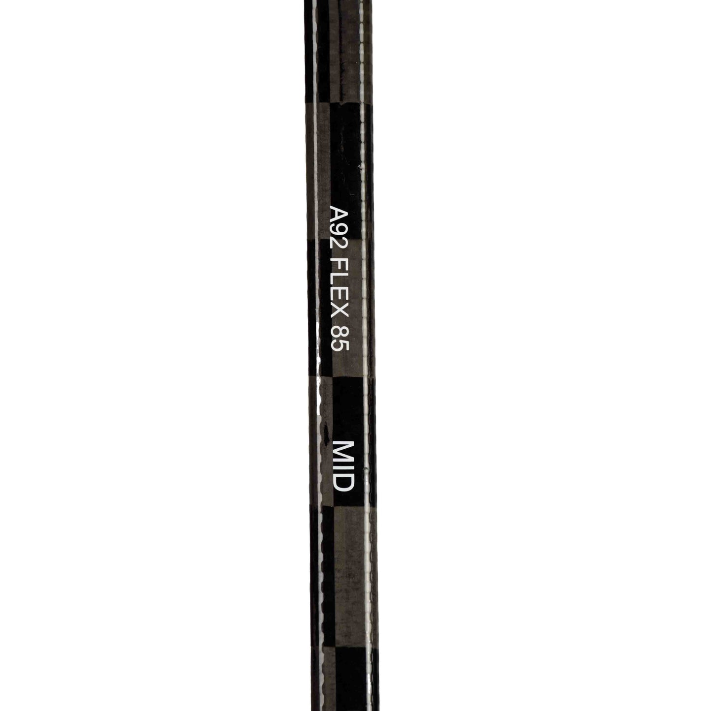 Detailbild des ABSHockey Blackstick mit Beschriftung A92, Flex 85 und Mid Kickpoint auf dem Schaft.