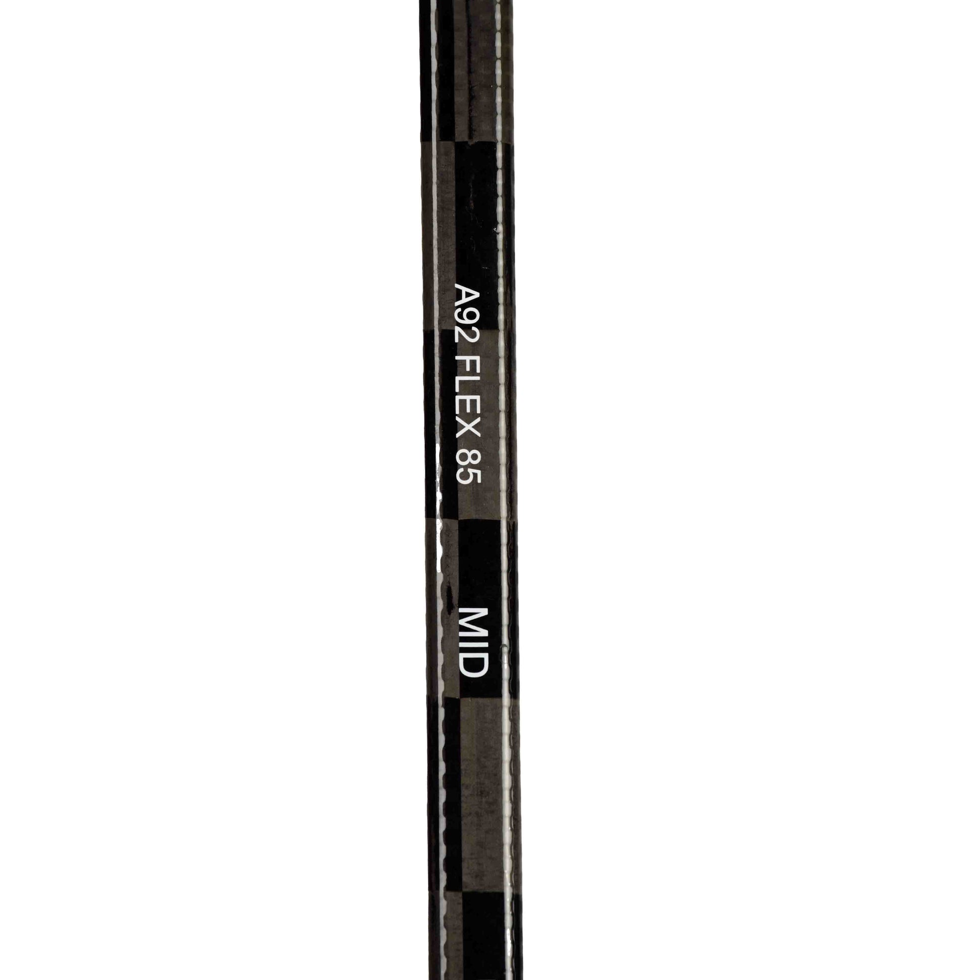 Detailbild des ABSHockey Blackstick mit Beschriftung A92, Flex 85 und Mid Kickpoint auf dem Schaft.