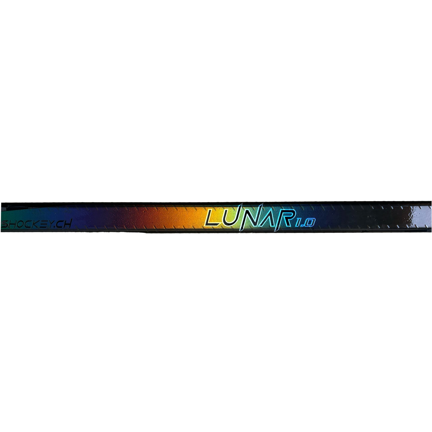 ice hockey stick shaft-part of model lunar 1.0 SR, rainbow holo design, top quality affordable ice hockey stick. the rainbow design is clearly visible and the spiral grip as well. The stick says "lunar 1.0" in the middle part. It is a close up of the stick shaft middle part.