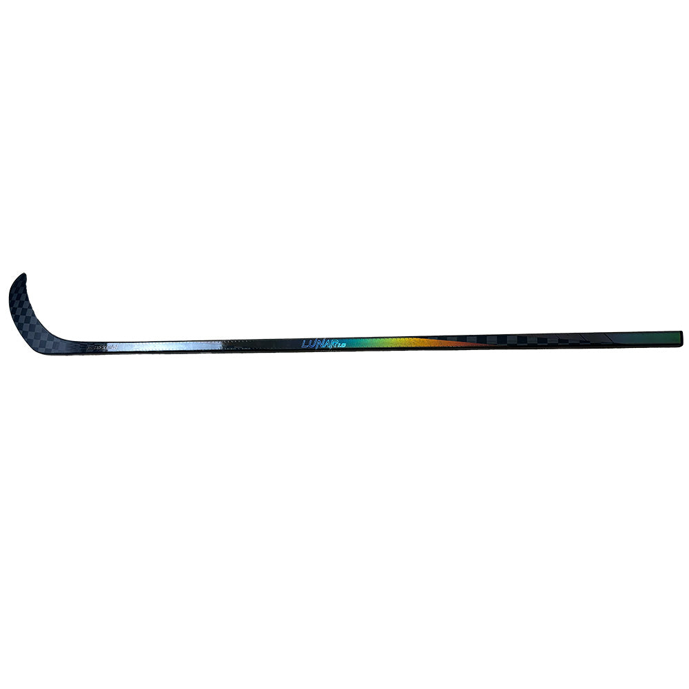 full size pictrue of ice hockey stick lunar 1.0 SR, horizontal view, holo rainbow look. The Eishockeyschläger is placed horizontally in the picture and the background is white.