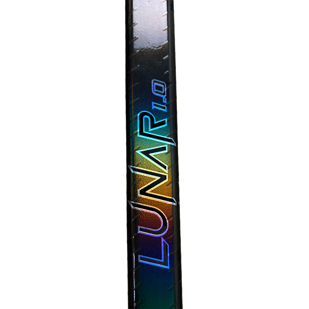 close up of ice hockey stick middle part, Model: lunar 1.0 SR, rainbow holo look. You can see the lunar 1.0 logo and the spiral grip very well. Background is white. The stick is top quality.