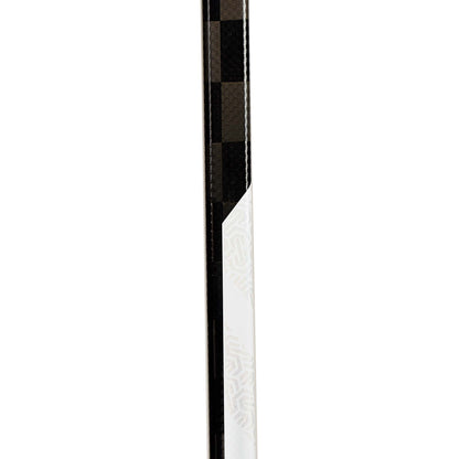 Rear shaft detail of the NSC hockey stick showing the carbon finish, clean graphic elements and tapered construction.