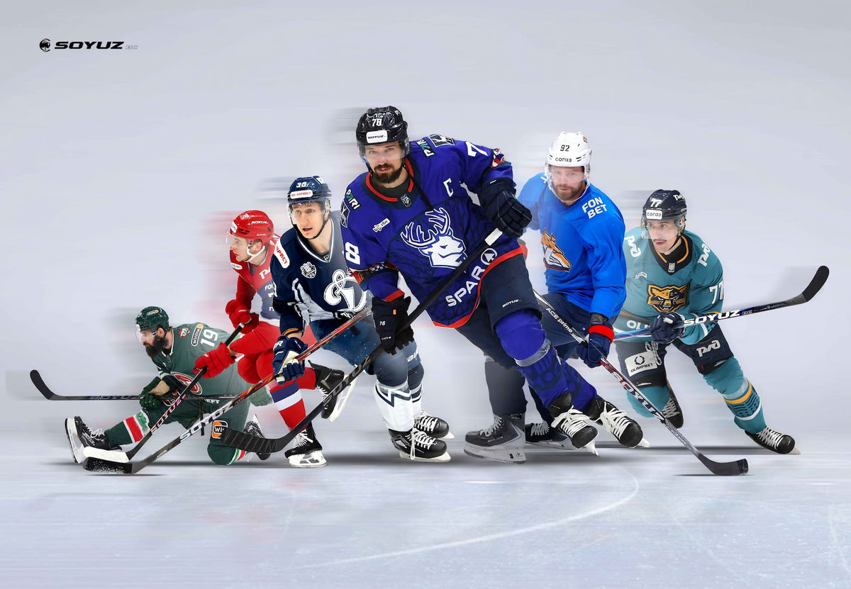 pro hockey players in motion playing soyuz hockey sticks