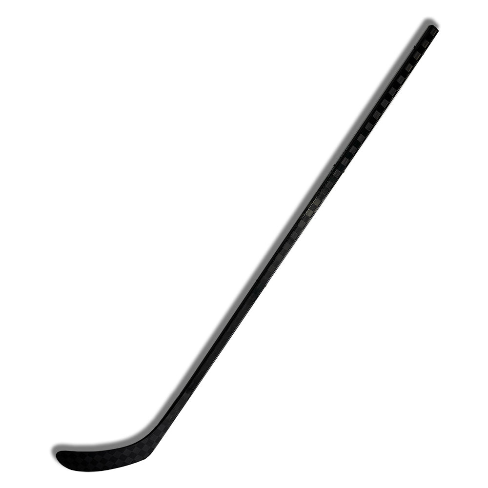 All black 100% high quality carbon icehockey stick. View of full stick diagonally displayed with shadow and white background. Back side with backhand of the blade is displayed. Stick is in stock and in 2-3 days delivered.