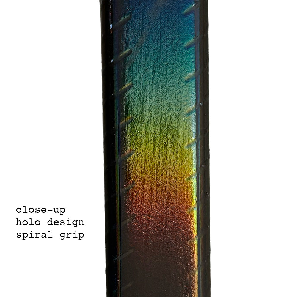 Lunar 1.0 ice hockey stick close-up picture with text: close-up, holo-design, spiral grip, picture is taken close to the Eishockeyschläger seeing the rainbow design shining. Background is white