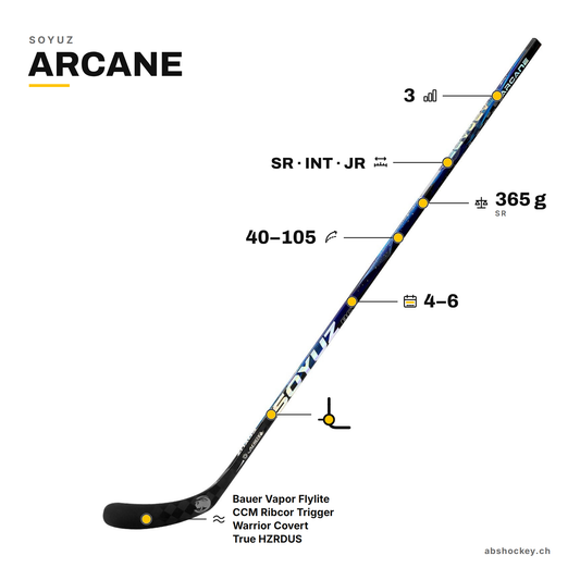 SOYUZ ARCANE custom hockey stick specs: ultra-low kick, flex 40–105, SR INT JR, 365 g, 3 grip levels, 4–6 weeks delivery