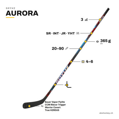 SOYUZ AURORA custom hockey stick specs: low kick, flex 20–90, SR INT JR YHT, 365 g, 3 grip levels, 4–6 weeks delivery