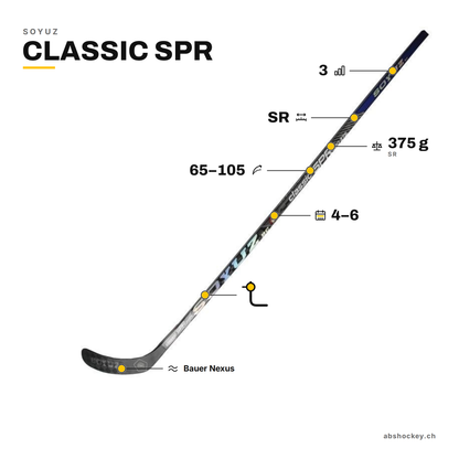 SOYUZ CLASSIC SPR custom hockey stick specs: high kick, flex 65–105, SR, 375 g, 3 grip levels, 4–6 weeks delivery
