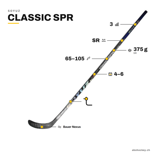 SOYUZ CLASSIC SPR custom hockey stick specs: high kick, flex 65–105, SR, 375 g, 3 grip levels, 4–6 weeks delivery